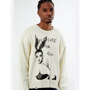 Playboy Sweater Cream Graphic Pleasure For All Distressed Knit Mens Size M
